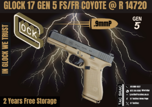 GLOCK 17 GEN 5 FS FR COYOTE, GLOCK 17 GEN 5, available at Tac SHAC Northcliff, firearm shop, gun shop, personal defence, glock, for sale