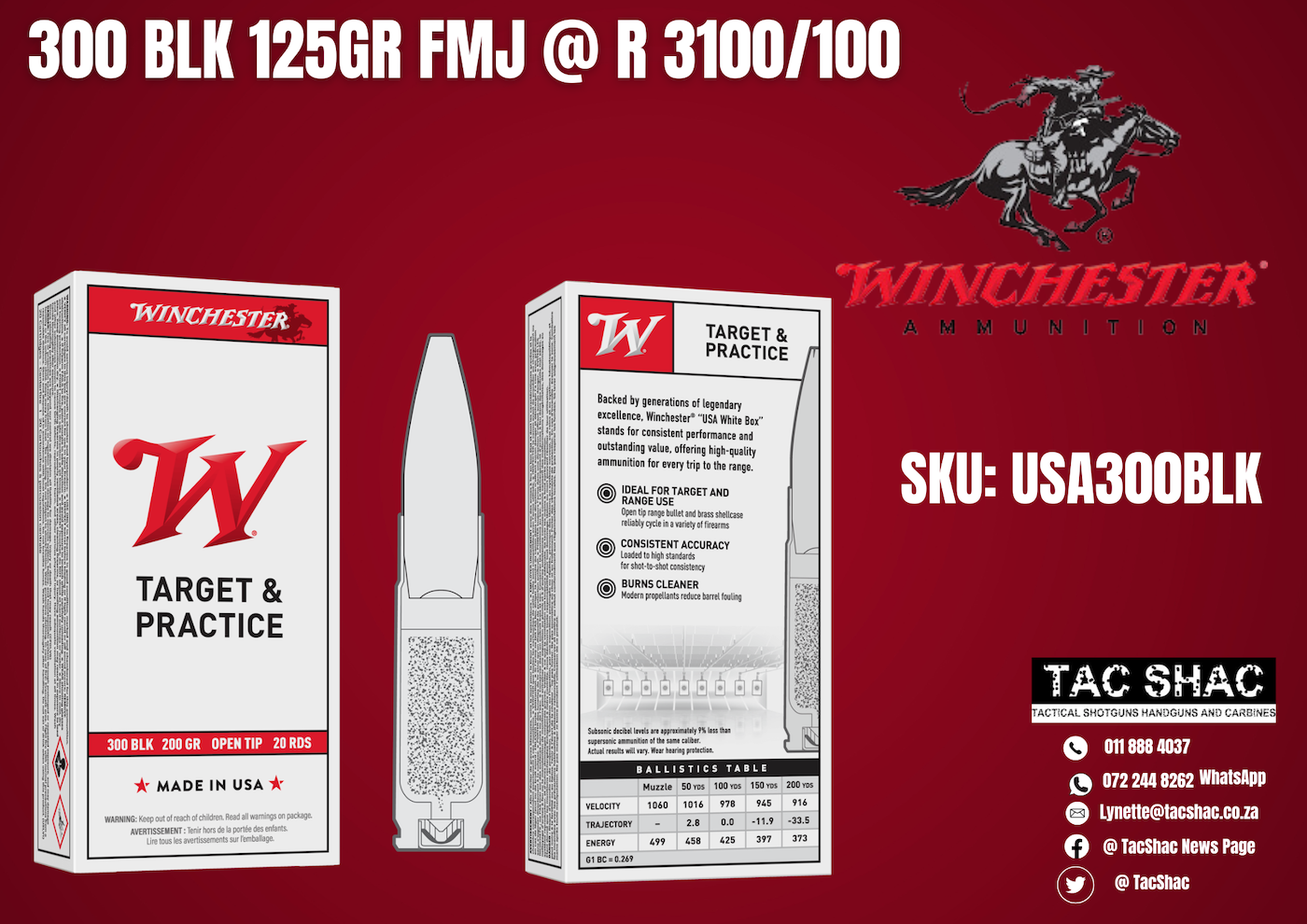 WINCHESTER 300 BLK 125 GR FMJ, available at Tac SHAC Northcliff, firearm shop, gun shop, personal defence, ammunition, 300 BLK, handgun, for sale, johannesburg, pretoria, buy online, winchester