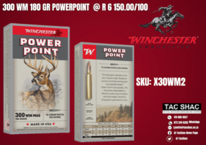 WINCHESTER 300 WM 180 GR POWERPOINT, available at Tac SHAC Northcliff, firearm shop, gun shop, ammunition, 300 Magnum, for sale, johannesburg, pretoria, buy online, winchester