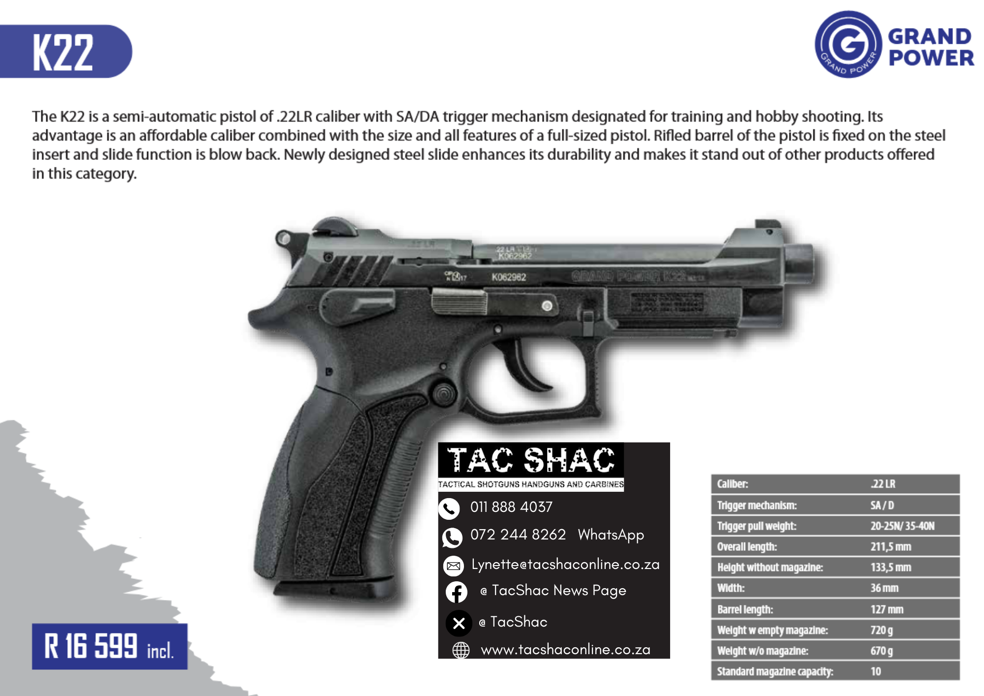 GRAND POWER K22 - for sale - tac shac - buy firearms - proficiency training