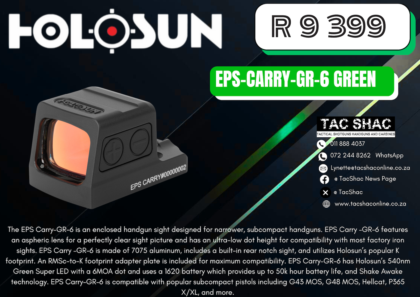 HOLOSUN EPS-CARRY-GR-6 GREEN - Available at TacSHAC - firearm shop - firearm training